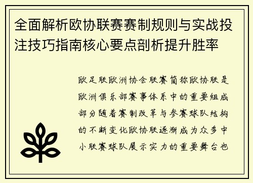 全面解析欧协联赛赛制规则与实战投注技巧指南核心要点剖析提升胜率 全面解析欧协联赛赛制规则与实战投注技巧指南核心要点剖析提升胜率