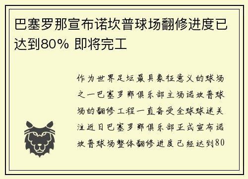 巴塞罗那宣布诺坎普球场翻修进度已达到80% 即将完工 巴塞罗那宣布诺坎普球场翻修进度已达到80% 即将完工